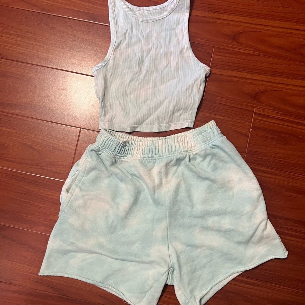 Light Blue Tie-Dye Tank and Shorts Set
